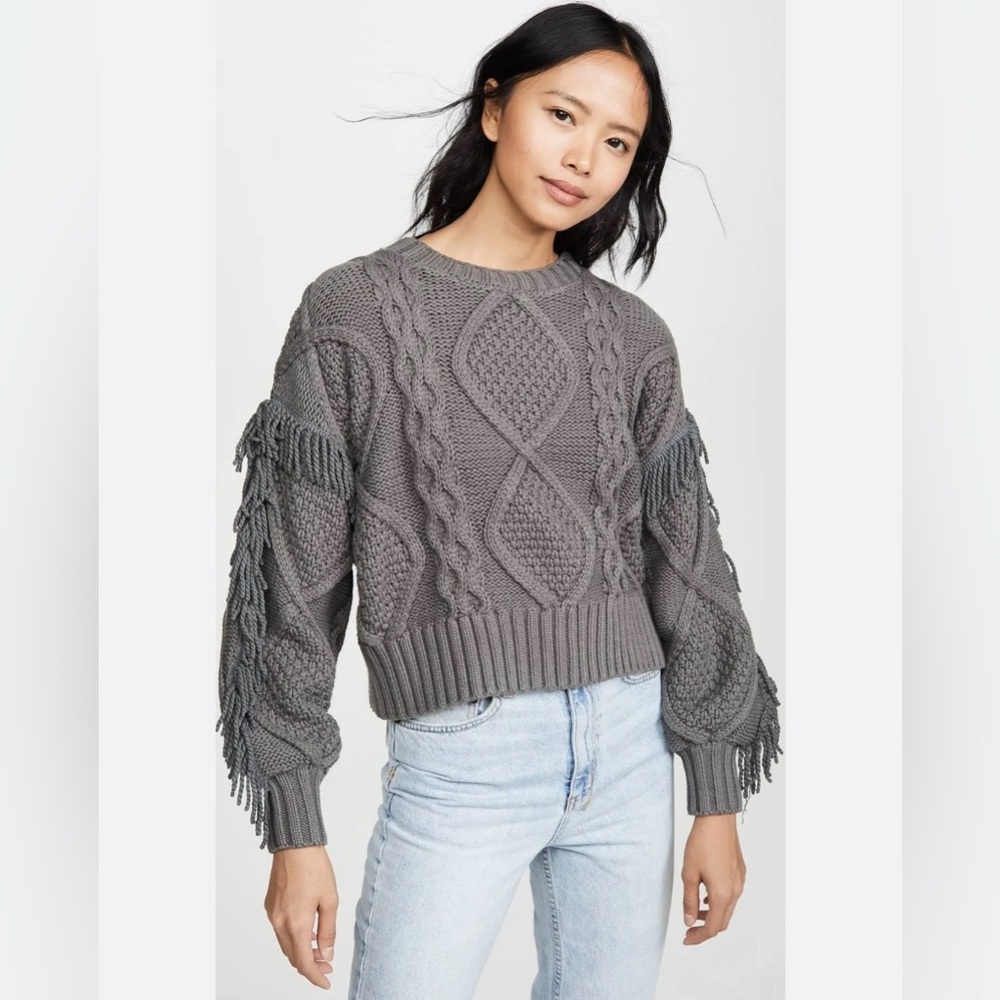 Line And Dot Revolve NWT Jasper Fringe Chunky Cable Knit Sweater, Size XS Gray